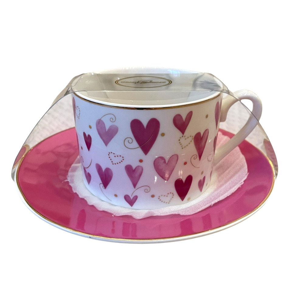 Grace Teaware Teacup & Saucer Pink & Purple Hearts Valentine's Day New